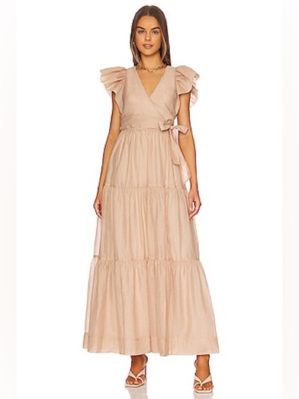 Jonathan Simkhai Banks Flutter Sleeve Tiered Maxi Dress Oat Beige Taffeta 4 NWT